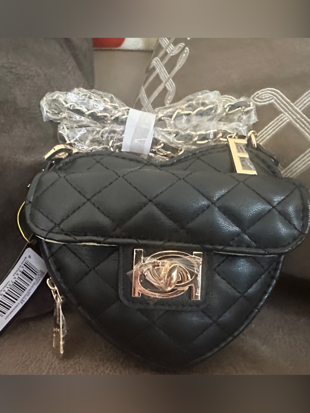 bebe Black Quilted Heart Mini Crossbody with Gold Hardware